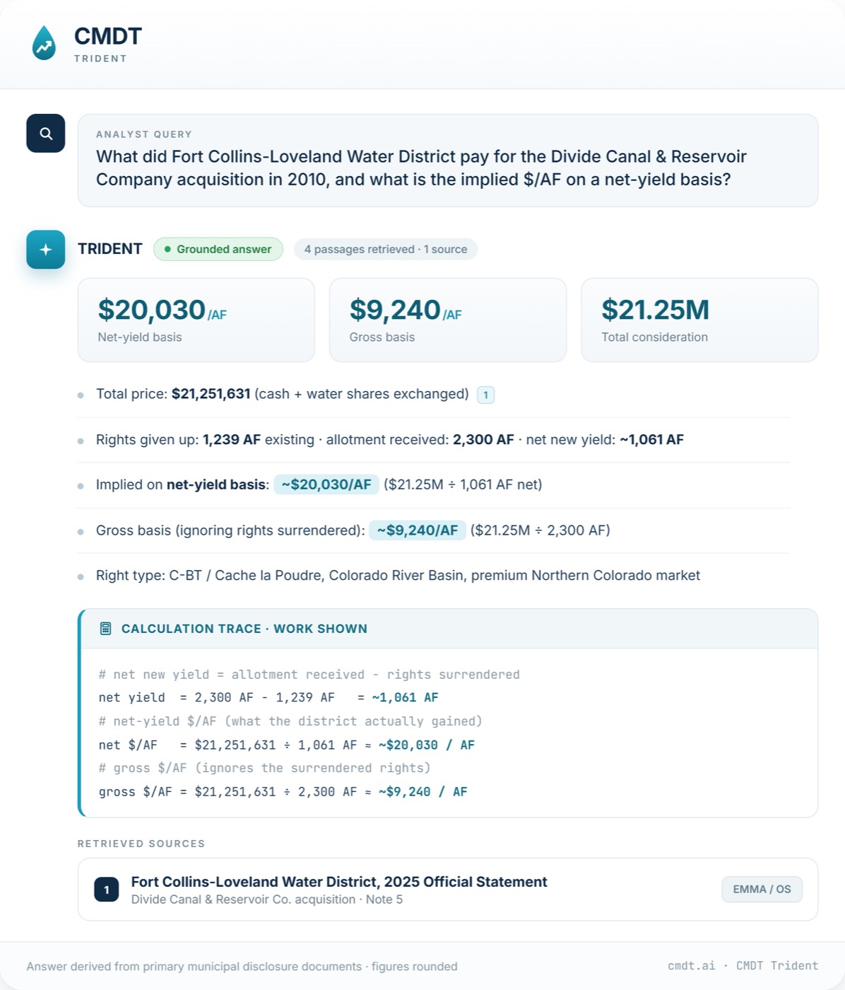 CMDT Trident product preview: analyst query on the Divide Canal acquisition, calculation trace, and retrieved source