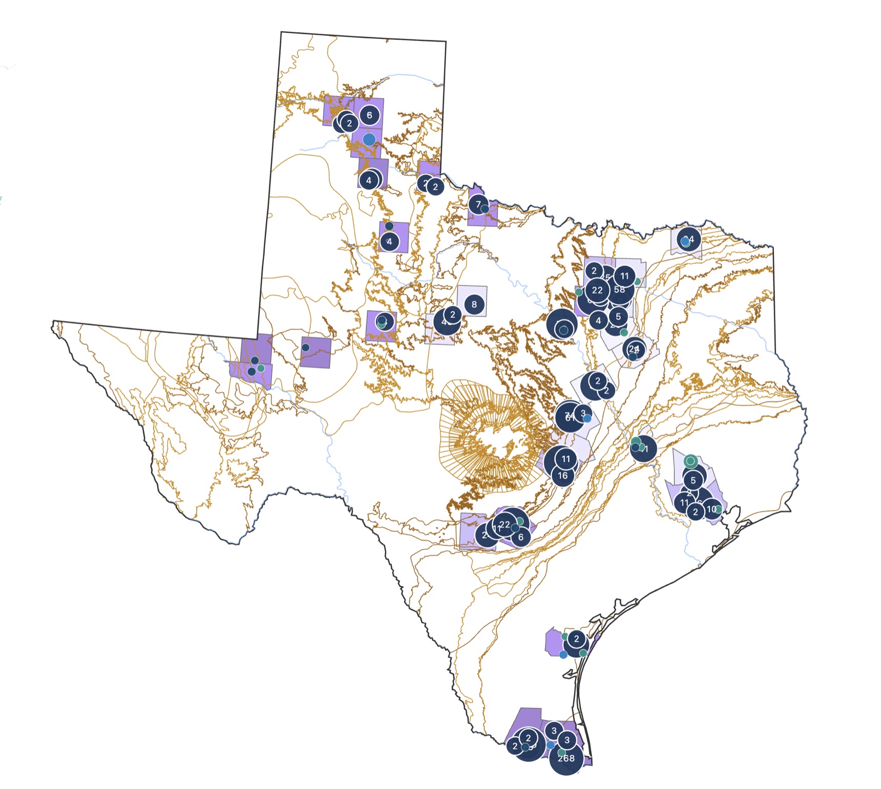 CMDT Water Intelligence Map of Texas: water features, county demand, and clustered infrastructure
